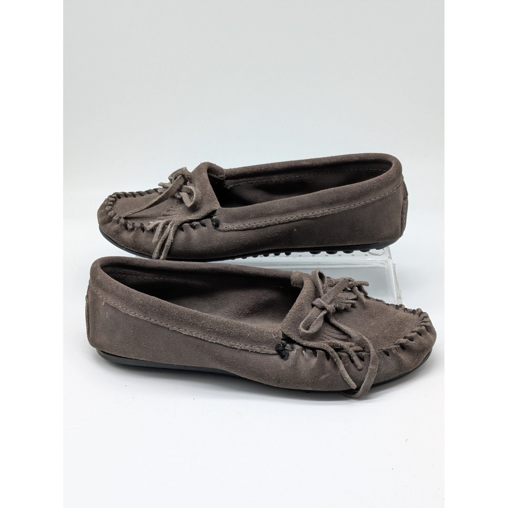 Minnetonka Women's Suede Moccasin Loafers Brown Fringe Bow Driving Shoes Size 7